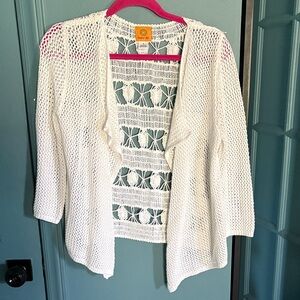 Ruby Rd. White Open-Weave Cardigan with Lace Back Panel